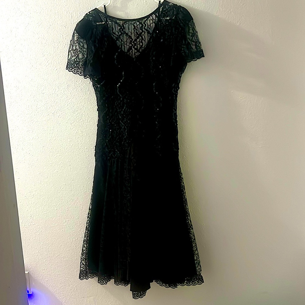 Black silky dress with sequenced laced overlay